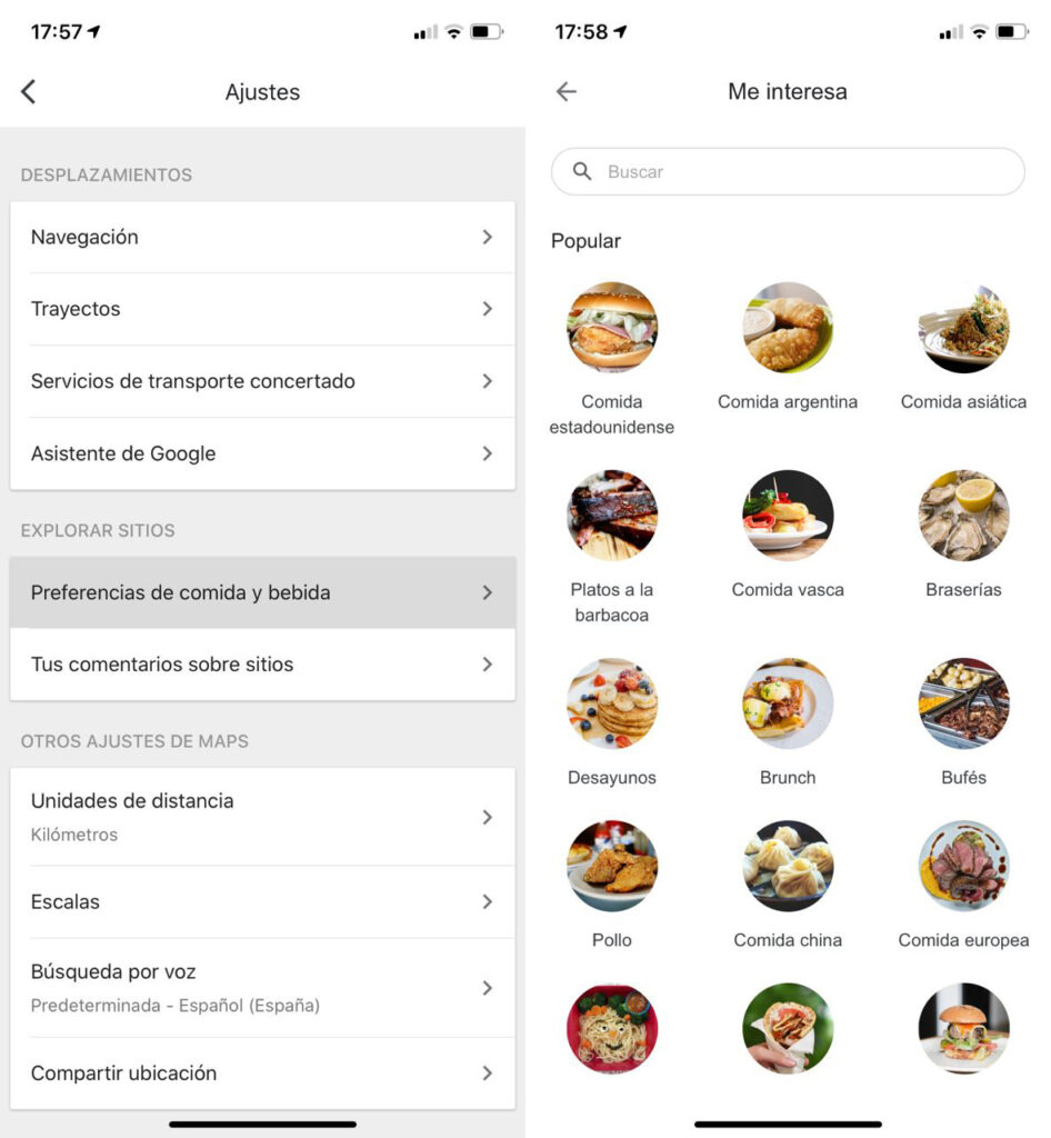 Dile a Google Maps que comida te gusta