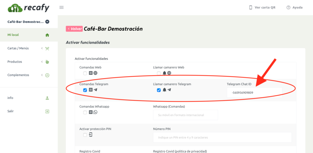 Activa Telegram en el panel